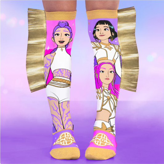 Chaussettes MADMIA K-Pop Golden Huntrix roses violettes avec franges dorées