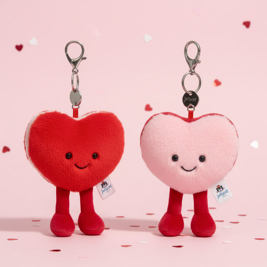 Porte-clés peluche cœur Jellycat rouge et rose avec anneau métallique