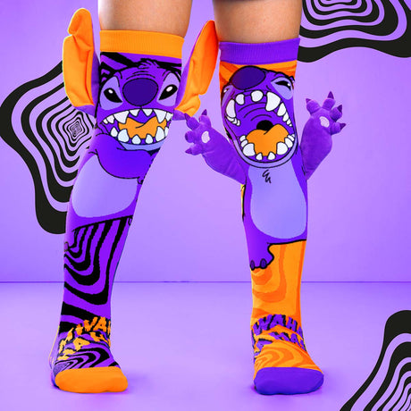 Chaussettes Stitchzilla Stitch Halloween violettes et orange avec oreilles 3D