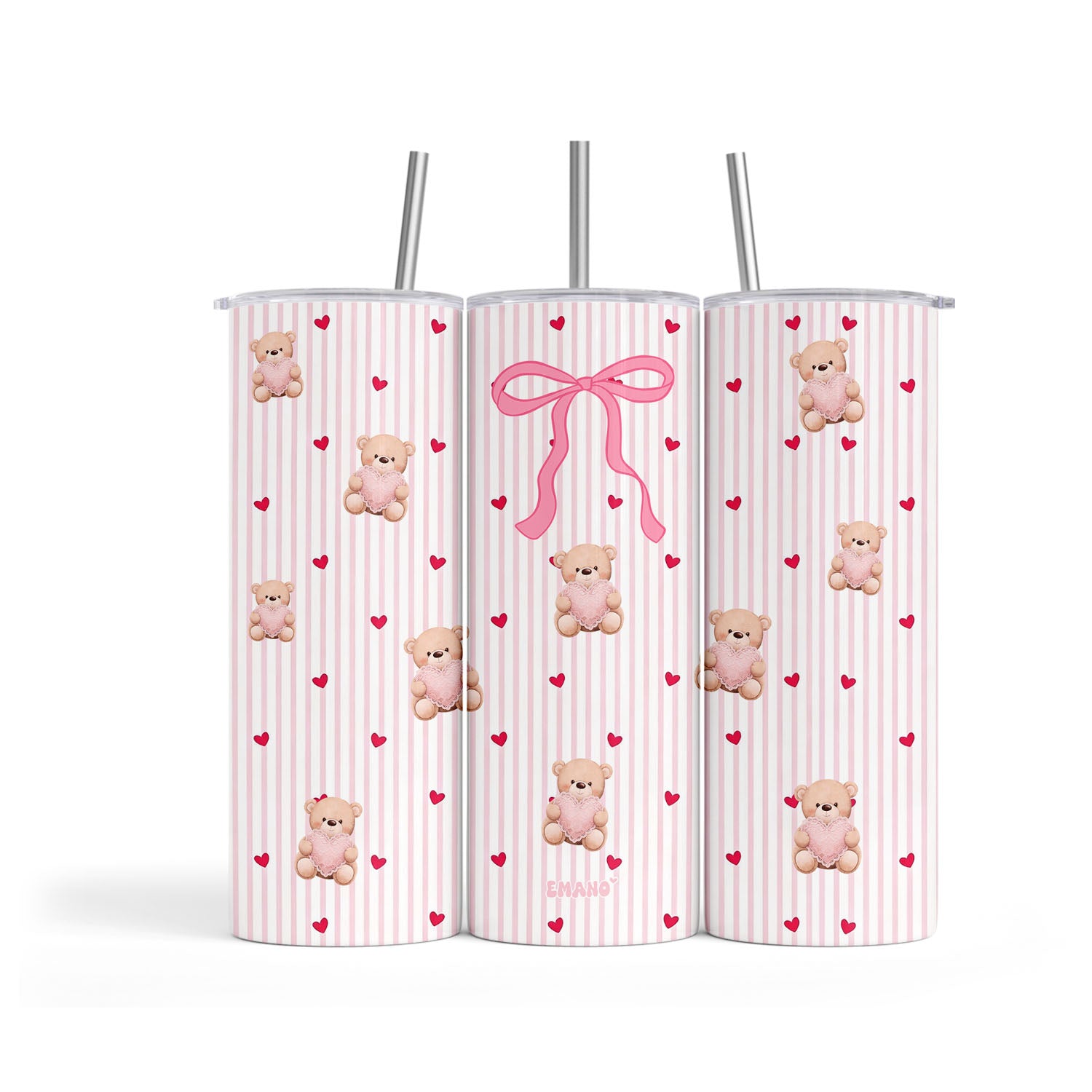 Tumbler rose coquette EMANO avec ourson, cœurs et nœud – gourde isotherme avec paille