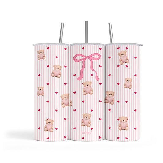 Tumbler rose coquette EMANO avec ourson, cœurs et nœud – gourde isotherme avec paille