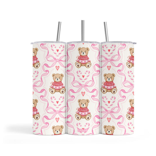 Tumbler isotherme rose EMANO avec ourson, cœurs et nœuds style coquette Saint-Valentin