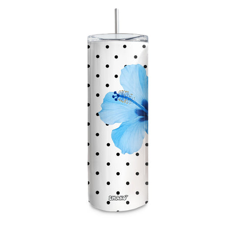 Tumbler Blue Polka EMANO blanc à pois noirs avec grand hibiscus bleu