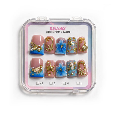 Press-On Nails Blue Treasure bleu lagon et coquillages EMANO