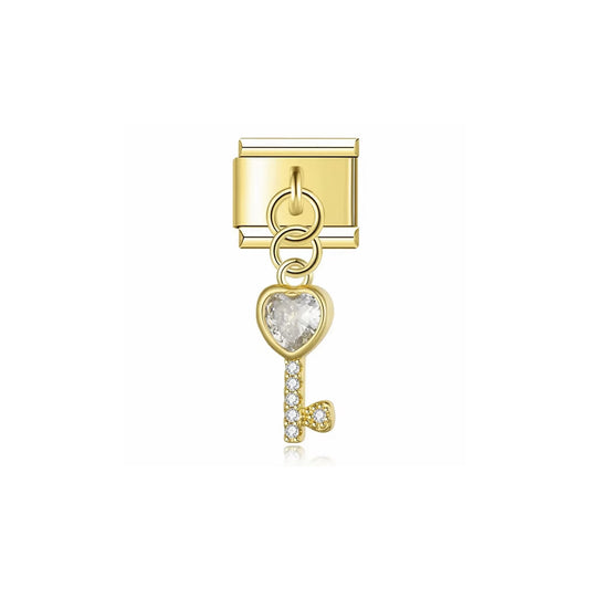 Charm Italien Key of Love – clé dorée avec cristaux et cœur | bijou fantaisie Emano Nouvelle-Calédonie.