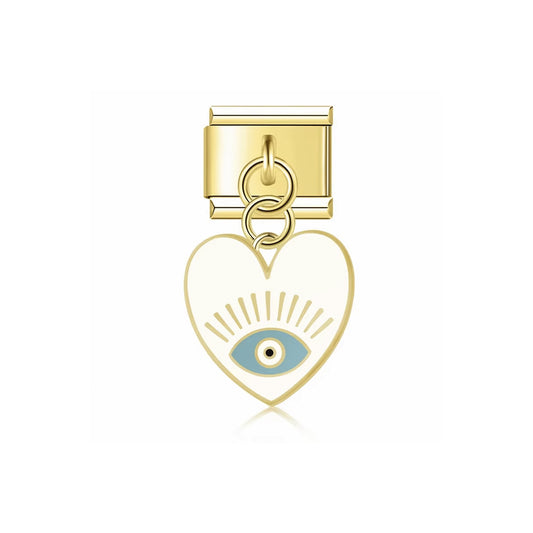 Charm Italien Mystic Heart White – pendentif doré cœur blanc avec œil mystique bleu pour bracelet modulable | bijou fantaisie Emano NC.