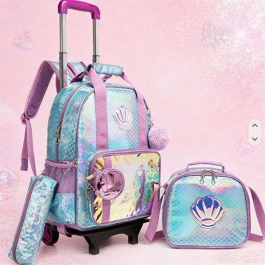 Cartable enfant sirène à roulettes amovibles avec trousse et sac goûter assortis