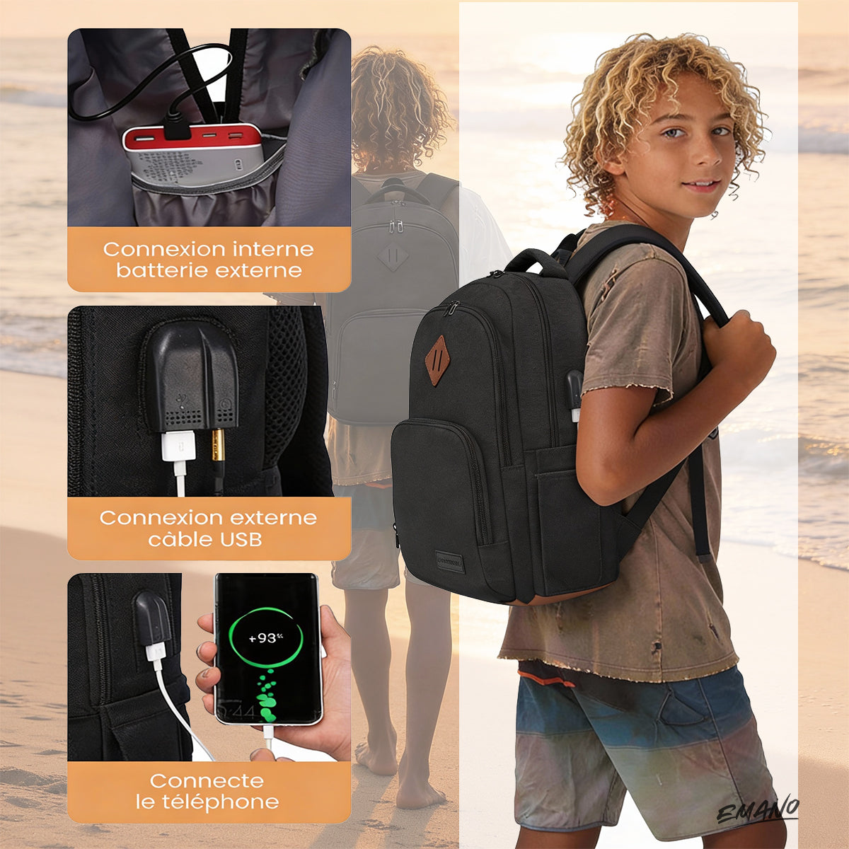 Sac à dos cartable EMANO noir avec port USB externe et compartiment ordinateur renforcé